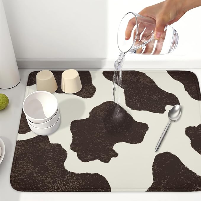 Milk Cow Drying Mat 24x18 Inch, Brown White Cowhide Drying Mat with Absorbent Reversible Microfiber, Cattle Fur Farmhouse Dish Drainer Mats Summer Rack Pad for Coffee Countertop Kitchen Protector