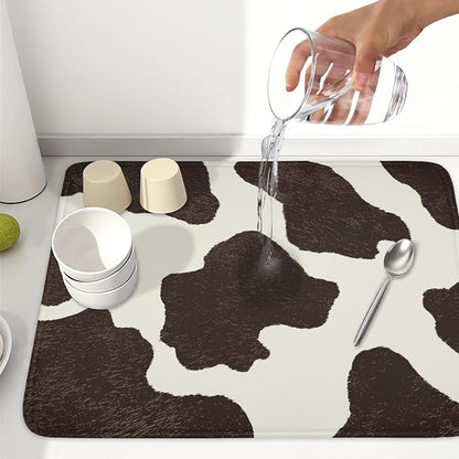 Milk Cow Drying Mat 24x18 Inch, Brown White Cowhide Drying Mat with Absorbent Reversible Microfiber, Cattle Fur Farmhouse Dish Drainer Mats Summer Rack Pad for Coffee Countertop Kitchen Protector