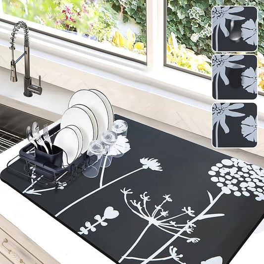 Dish Drying Mat for Kitchen Counter, 16"x24" Dish Drying Pad with Non-slip Rubber Backed, Hide Stain Anti Absorbent for Kitchen Counter, Drying Mat for Coffee Machine Dish Rack (Gray Daisy) by Etomiel