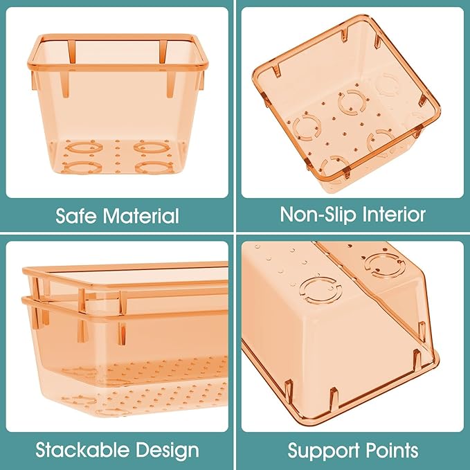 WOWBOX 25 PCS Plastic Drawer Organizer Set, 4 Sizes Desk Drawer Divider Organizers and Storage Bins for Makeup, Jewelry, Gadgets for Kitchen, Bedroom, Bathroom, Office, Clear Orange - Image 3