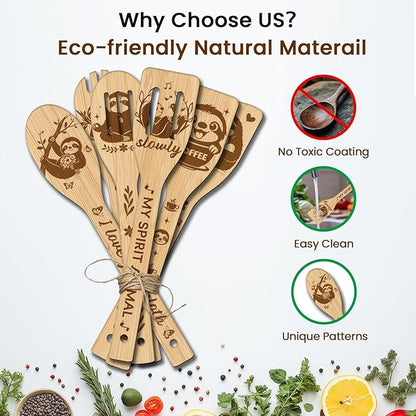 CUTHOLLOW 6PCS Sloths Wooden Kitchen Cooking Utensil Set, 11.9in Non Toxic Bamboo Wood Spoon Set for Cooking, Best Housewarming Birthday Thanksgiving Christmas Gift for Women Mother