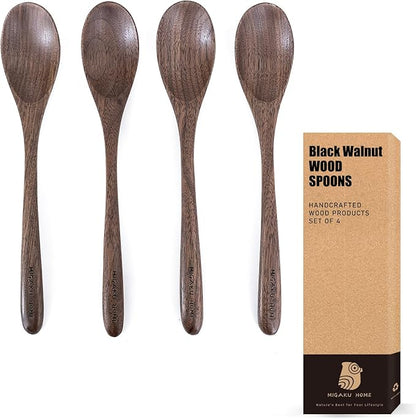 Black Walnut Wooden Spoons, 4pcs Soup Spoons for Eating, Eco-Friendly Japanese Kitchenware Set, Natural Wood Utensils for Cooking Mixing Stirring