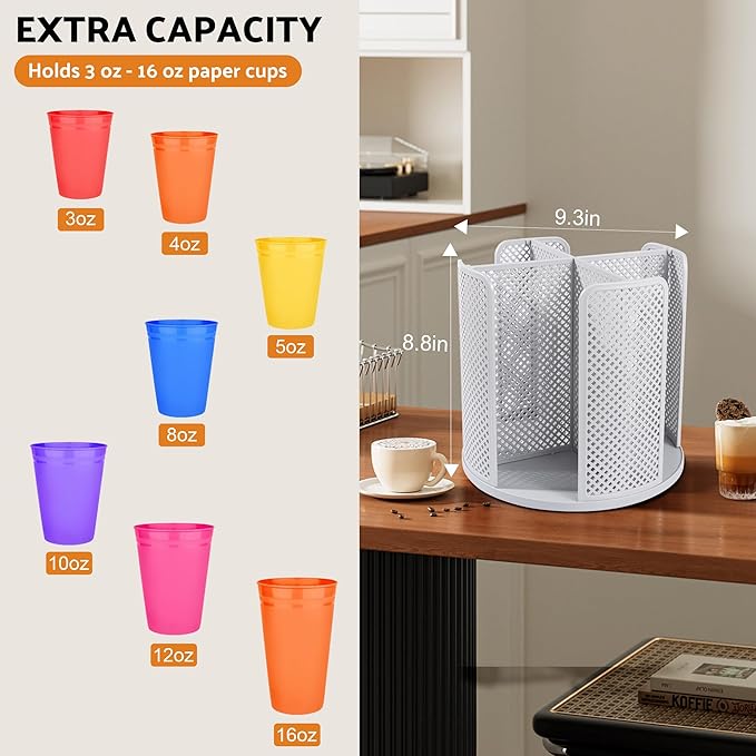 Rotating Paper Cup Dispenser, Cup Holder with 4 Compartments, Disposable Coffee Cup Dispenser Removable, Plastic Cup Storage & Lid Holder for Countertops, Kitchen, Coffee Stations (Gray) - Image 2
