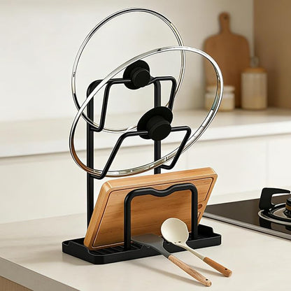Kitchen Pot Lid Storage Rack: Carbon Steel Double Layer Pot Lid Organizer with Tray, Multifunctional Pot Lid Holder While Cooking, Saving Space Organizer Storage for Kitchen Countertop (Black) by AMDISI