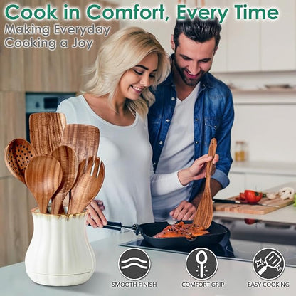 HOWHONG Wooden Spoons for Cooking, Teak Wood Kitchen Utensil Set, Premium Handmade Wooden Utensils for Nonstick Cookware, Heat Resistant, Smooth Finish, Comfortable Grip, 6 Piece - Image 5