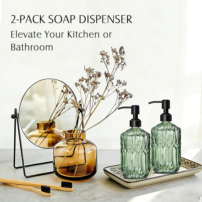 COHOSEGE 17 Oz Green Glass Kitchen Soap Dispenser for Dish Soap, 2 Pack Bathroom Soap Dispenser Set with Black Rust Proof Pump for Lotion, Hand soap or Body Wash - Image 3
