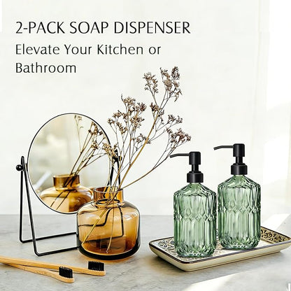 COHOSEGE 17 Oz Green Glass Kitchen Soap Dispenser for Dish Soap, 2 Pack Bathroom Soap Dispenser Set with Black Rust Proof Pump for Lotion, Hand soap or Body Wash - Image 3