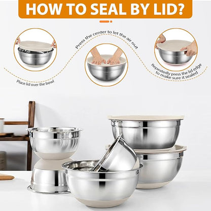 CHAREADA Mixing Bowls with Airtight Lids, 18pcs Stainless Steel Nesting Colorful Mixing Bowls Set Non-slip Silicone Bottom, Size 4.5, 3.6, 2.7, 2.1, 1.7, 1.1, 0.7 qt, Fit for Mixing & Serving (Khaki) - Image 4