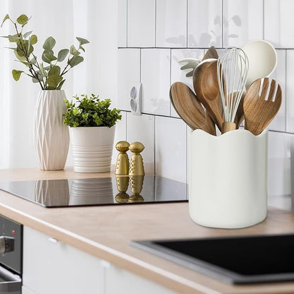Ceramic Utensil Holder for Kitchen Counter, 6.2" Large Kitchen Utensil Holder for Countertop with Cork Bottom, Cooking Tool Organizer for Spatula, Matte White - Image 2