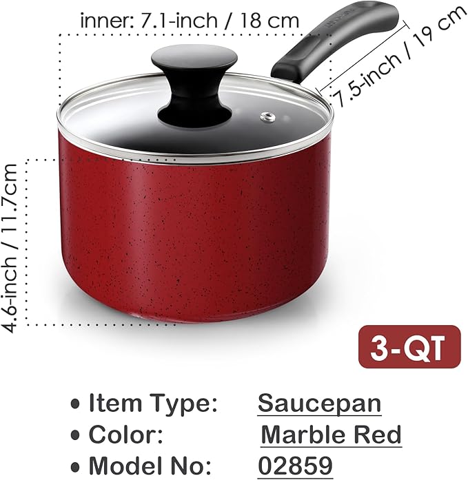 Cook N Home Non Stick Sauce Pan, 3 Quarts Saucepan with Glass Lid, Nonstick Small Multi-purpose Pot, Milk Chocolate Aluminum Cooking Pot Pan with Stay-Cool Handle, Marble Red - Image 2