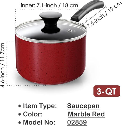 Cook N Home Non Stick Sauce Pan, 3 Quarts Saucepan with Glass Lid, Nonstick Small Multi-purpose Pot, Milk Chocolate Aluminum Cooking Pot Pan with Stay-Cool Handle, Marble Red - Image 2