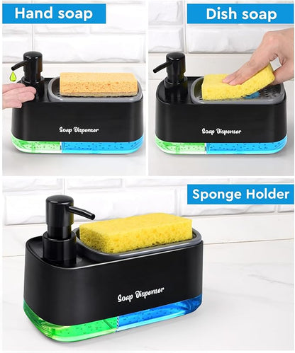 Hand and Dish Soap Dispenser Set for Kitchen, Dual Soap Dispenser with Sponge Holder, 3-in-1 Countertop Soap Pump Dispenser for Kitchen Sink, Useful Kitchen Gadgets - Black - Image 2