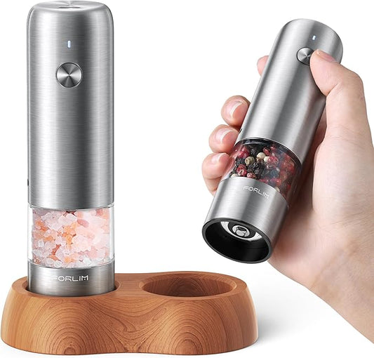 FORLIM Mini Electric Salt and Pepper Grinder Set with Wood Base, USB Rechargeable, Small Automatic Salt Pepper Mill Grinder, Travel/Outdoor BBQ/Children, One-Button Control (2 Packs, Stainless Steel) by FORLIM