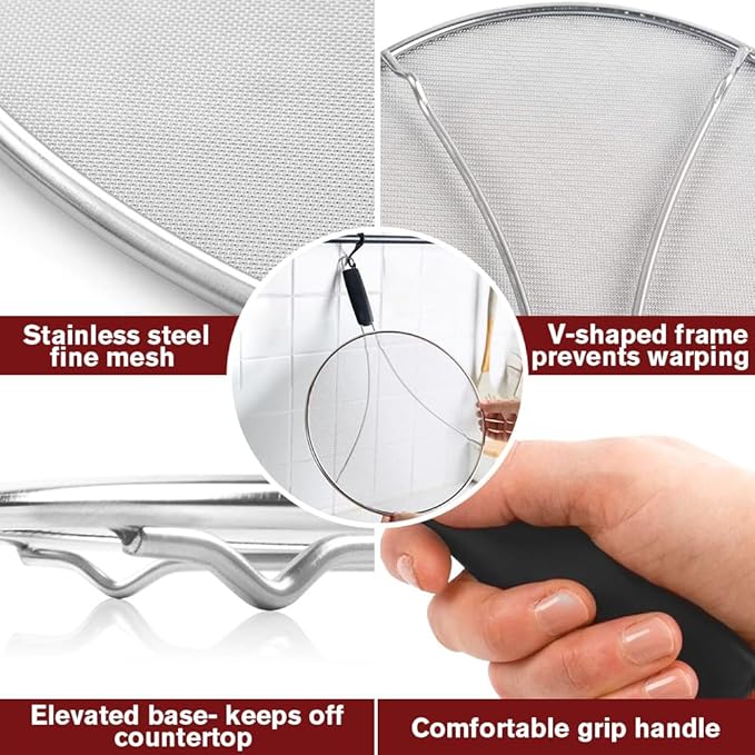 Splatter Screen for Frying Pan & Food Strainer,13 Inch Stainless Steel Grease Splatter Guard,Shield from Splashing Oil, Dishwasher Safe(Black) - Image 5