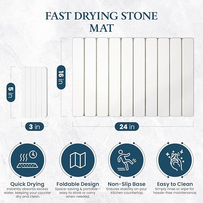 Stone Drying Mat for Kitchen Counter 24"×16"with Water Absorbent Diatomite Coasters 8" x 4", Foldable Quick Dry Mats for kitchen Dishes, Non Slip Quick Drying Diatomaceous Earth For Any Countertop - Image 2