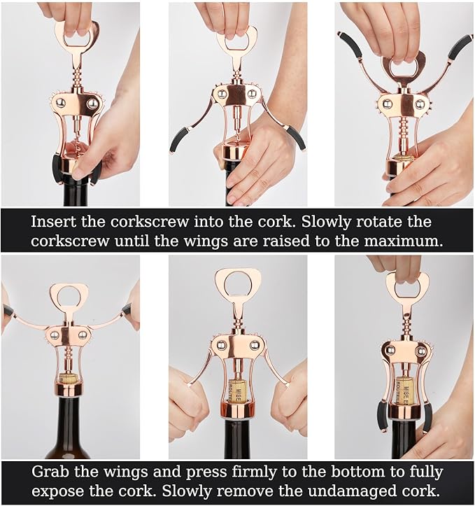 KORCCI Wine Opener, Heavy-Duty Zinc Alloy Wing Corkscrew, Premium Beer Bottle Opener, Multifunctional Wine Accessories with Ergonomic Handle and Sharp Screw, for Kitchen, Bar, Restaurant (Rose Gold) - Image 7