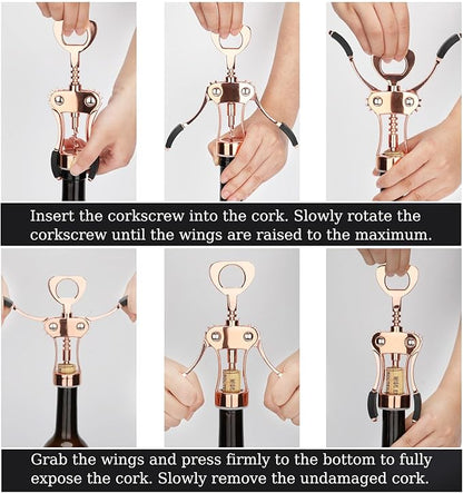 KORCCI Wine Opener, Heavy-Duty Zinc Alloy Wing Corkscrew, Premium Beer Bottle Opener, Multifunctional Wine Accessories with Ergonomic Handle and Sharp Screw, for Kitchen, Bar, Restaurant (Rose Gold) - Image 7