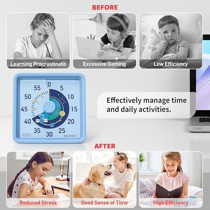 Secura 60-Minute Visual Timer for Kids, Time Clocks, Countdown Timer for Office Kitchen, Classroom Timer for Kids, Silent Time Management Tool (Blue)
