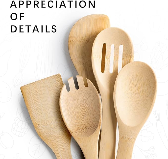 Wooden Spoons for Cooking, 5PCS Wooden Utensil Set Includes Slotted Spoon, Wooden Spoon & Wooden Spatula, Bamboo Cooking Utensils for Non-Stick Pans, Natural Bamboo Utensils - Image 4
