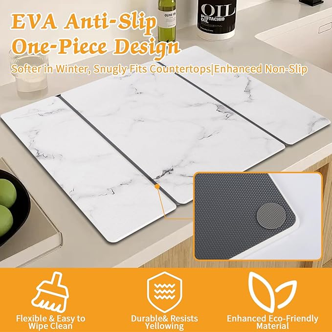 Stone Dish Drying Mat for Kitchen Counter, 24''×15'' Dishes Drying Matt Kitchen Counter, Absorbent Diatomaceous Earth Bath Quick Dry Mats for Tableware, Bottles and Cup (White Marble) - Image 6