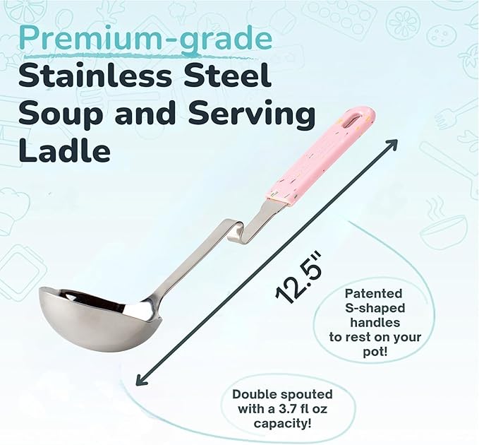 Souper Cubes + Lori Greiner No Mess Stainless Steel Soup Ladle with Silicone Handle - Metal Soup Ladle with No Mess Design That Hooks on Side of Any Pot - Cotton Candy - Image 2