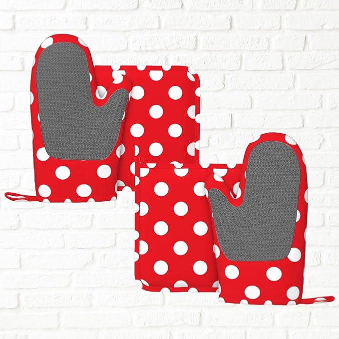 Red and White Polka Dot Oven Mitts and Pot Holders Sets of 4, Heat Resistant Silicone Oven Mittens and Potholders Gloves Hot Pads for Kitchen Cooking Baking Grilling BBQ Chef - Image 6