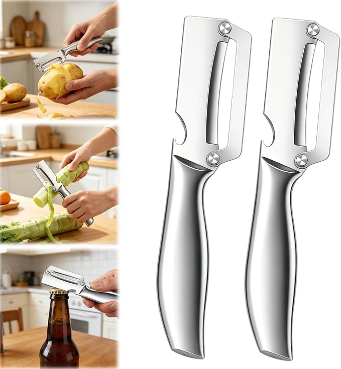 2Pc Multi-Functional Vegetable Peeler for Kitchen,2026 New Stainless Steel Peeler with Wooden Handle and Bottle Opener,2 in 1 Stainless Steel Kitchen Tool for Fruit Apple Potato Pumpkin Slicer(Sliver) by Unknown