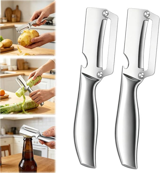 2Pc Multi-Functional Vegetable Peeler for Kitchen,2026 New Stainless Steel Peeler with Wooden Handle and Bottle Opener,2 in 1 Stainless Steel Kitchen Tool for Fruit Apple Potato Pumpkin Slicer(Sliver) by Unknown