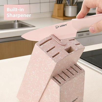 Knife Set, 15 Pieces Knives Sets for Kitchen with Block, Dishwasher Safe Kitchen Knife Set with Built in Sharpener Block, German High Carbon Stainless Steel Knife Block Set with Pink Nonstick Coating - Image 4