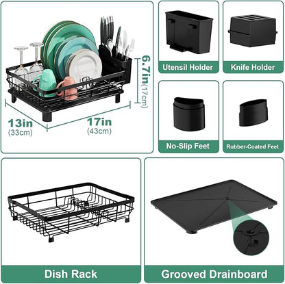 MOUKABAL Dish Drying Rack, Dish Rack, Stainless Steel Dish Racks for Kitchen Counter, Dish Drainer with Removable Utensil Holder, Drainboard (Black,13''W x 17''L) - Image 2