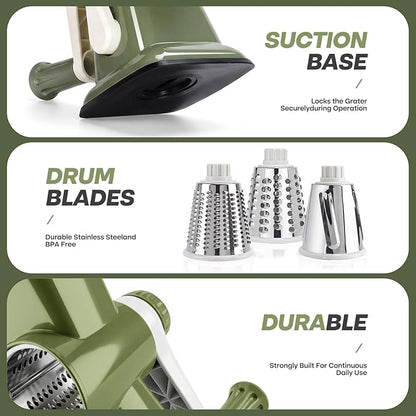 Rotary Cheese Grater,Cheese Shredder Hand Crank, Manual Cheese Grater for Veggies, 3-Blade Grater, Home Kitchen Appliances and Kitchen Gadgets - Image 7