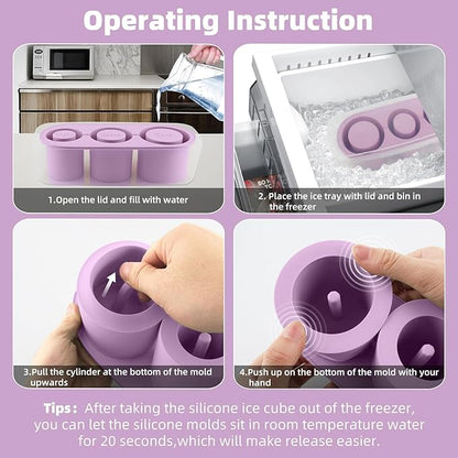 Tcamp Tumbler Ice Mold, Ice Cube Tray for 30 oz -40 oz Tumbler Cup, 3 Pcs Silicone Hollow Cylinder Ice Mold with Lid and Bin for Freezer, Ice Drink, Juice, Whiskey, Cocktail (Purple)