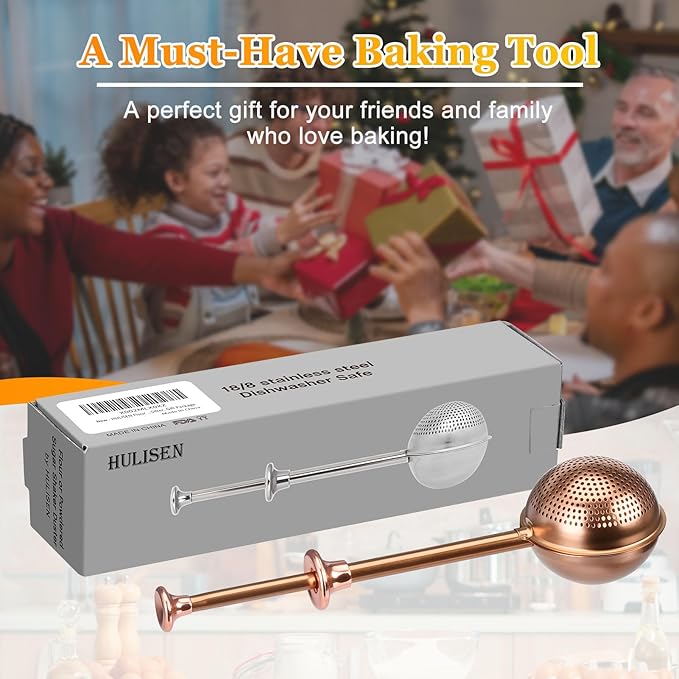 HULISEN Flour Duster for Baking, One-Handed Operation, 304 Stainless Steel Powdered Sugar Shaker Duster, Pick Up and Dust Flour Sifter, Gift Package, Brown - Image 7