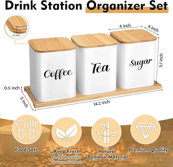 Tioncy Coffee Tea Sugar Container with Tray Set of 3 Airtight Metal Canister with Bamboo Lid Tray for Kitchen Counter Dining Room Farm House Kitchen Style Drink Station Organizer Set(White) - Image 2