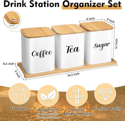 Tioncy Coffee Tea Sugar Container with Tray Set of 3 Airtight Metal Canister with Bamboo Lid Tray for Kitchen Counter Dining Room Farm House Kitchen Style Drink Station Organizer Set(White) - Image 2