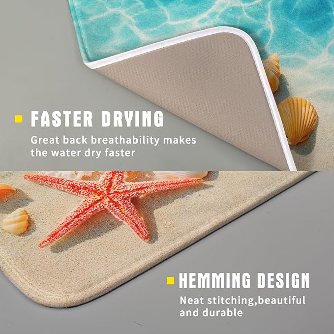 Giwawa Coastal Starfish Dish Drying Mat 16"x18" Ocean Blue Sea Coral Seashell Dish Drainer Mats Nautical Beach Themed Decorative Reversible Dish Drying Pad for Kitchen Countertop Dining Room