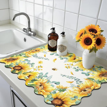 LOKHOM Scalloped Floral Dish Drying Mat, 18"x24" Super Absorbent Coffee Mat with Watercolor Yellow Sunflowers, Cuttable Hide Stain Non-slip Drying Mat for Kitchen Counter Coffee Maker Espresso Machine - Image 9