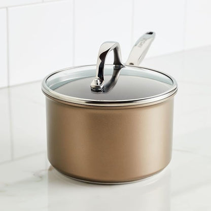 Anolon Ascend Hard Anodized Nonstick Sauce Pan/Saucepan and Lid - Good for All Stovetops (Gas, Glass Top, Electric & Induction), Dishwasher & Oven Safe with Stainless Steel Handle, 3 Quart - Bronze