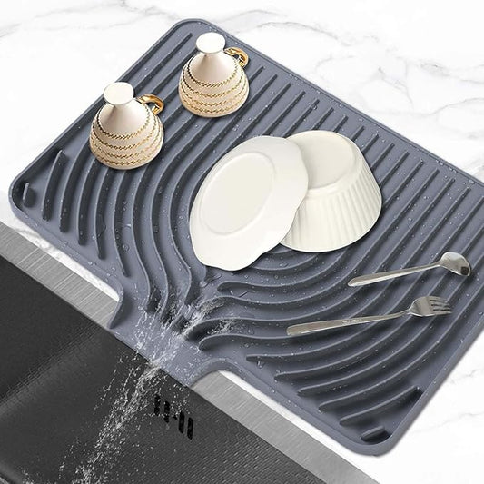 Dish Drying Mat for Kitchen Counter, with Built-in Drain Lip, Food-Grade Silicone, Easy Clean Pad for Countertop Protection, Multi-Functional Use (18 x12 Raised Sink, Grey) by JACZZO