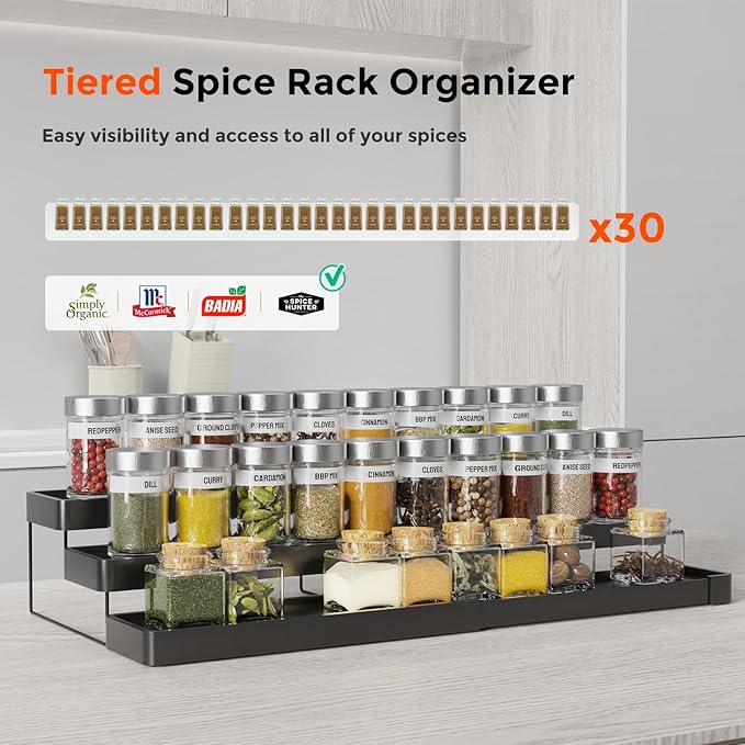 Expandable Spice Rack Organizer - 3 Tier Adjustable Spice Organizer for Cabinet & Countertop - Easy Visibility - Black - Image 5