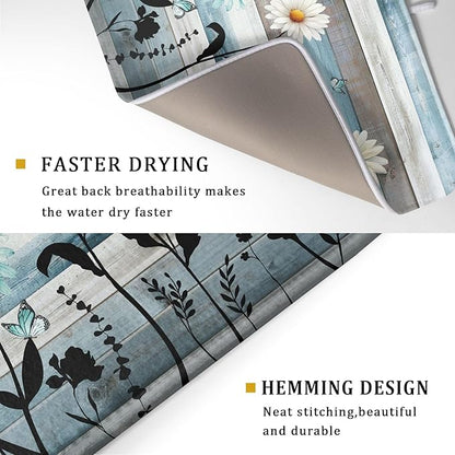 Blue White Daisy Floral Dish Drying Mat for Kitchen Counter,Sprinng Rustic Wood Drying Mat 18 x 24 Inch with Absorbent Reversible Microfiber Drying Pad for Coffee Bar - Image 3