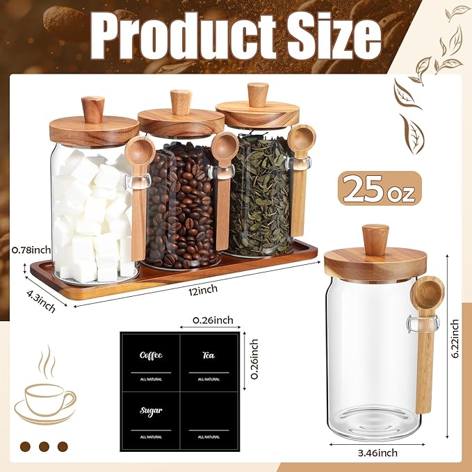 Suclain 3 Pcs Glass Coffee Container with Wooden Lid Spoon Shelf Labels Clear Airtight Jar Food Storage Canister Set for Sugar Spice Coffee Bean Holder Housewarming Gift(25 oz,Acacia Brown) - Image 2