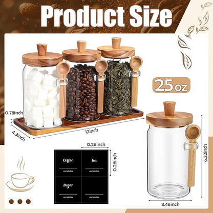 Suclain 3 Pcs Glass Coffee Container with Wooden Lid Spoon Shelf Labels Clear Airtight Jar Food Storage Canister Set for Sugar Spice Coffee Bean Holder Housewarming Gift(25 oz,Acacia Brown) - Image 2