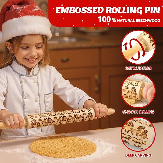 Stocking Stuffers Gifts for Women, Wooden Embossed Rolling Pin for Baking, Deep Engraved Embossing Rolling Pins with Christmas Elk Deer Pattern Designs for Baking Cookies Stamps Roller, DIY Tools - Image 6