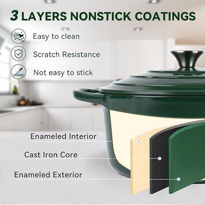 Miereirl 6 Quart Enameled Dutch Oven Pot with Lid, Cast Iron Dutch Oven with Dual Handles for Bread Baking, Cooking, Non-stick Enamel Coated Cookware (Green)