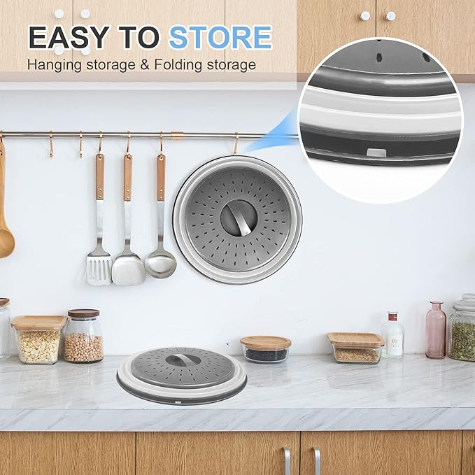 LekDrok Microwave Food Cover with Mat 12 Inch, Mat as Bowl Holder, Cover for Splatter Guard, Collapsible Lid for Plate Dish, Multi-Purpose Silicone Mat & Kitchen Colander Gadget for Meal Prep,Charcoal - Image 5