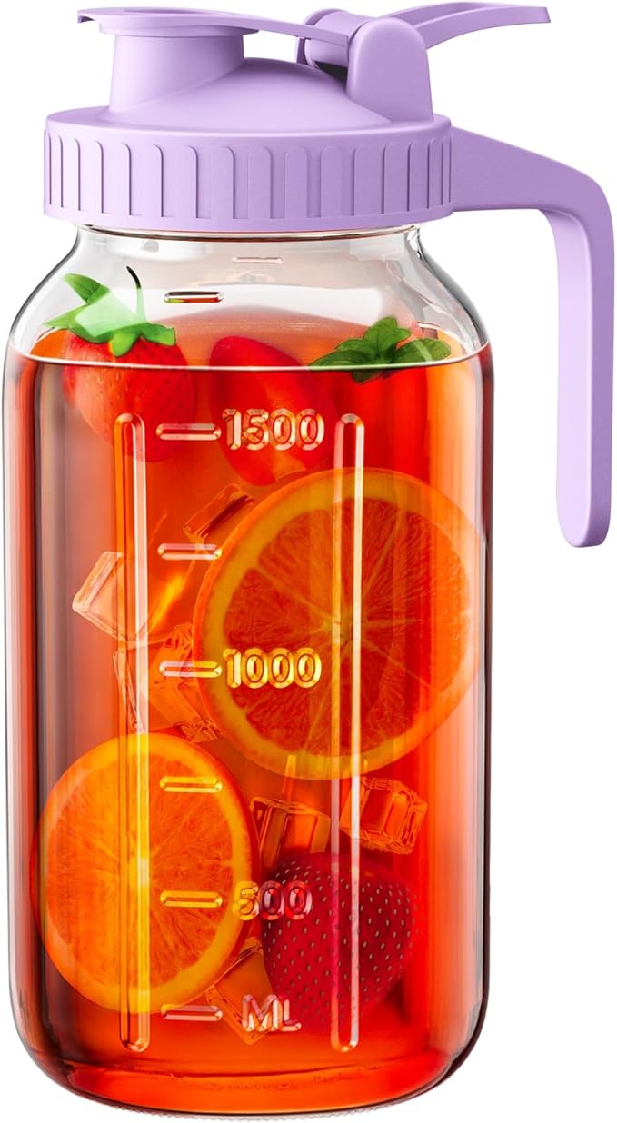 64 oz Glass Pitcher with Lid, Large Wide Mouth Mason Jar with Pour Spout, Purple Sun Tea Glass Jar for Outside, Juice Pitcher Great for Drink, Cold Beverages and Breast Milk by OneDream