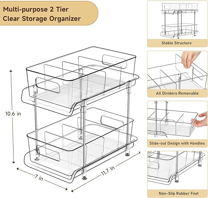 HIHEGD 2 Tier Bathroom Storage With Dividers, Clear Under Sink Pull Out Organizer for Kitchen Pantry, Medicine Cabinet - Image 3