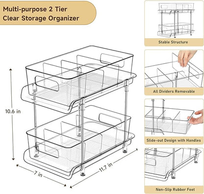 HIHEGD 2 Tier Bathroom Storage With Dividers, Clear Under Sink Pull Out Organizer for Kitchen Pantry, Medicine Cabinet - Image 3