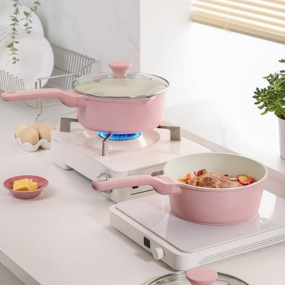 SENSARTE White Ceramic Nonstick Saucepan with Lid 2.5 Quarts, Medium Cooking Pot with Stay Cool Handle, Induction Compatible Saucepot, White Granite Coating, Free of Intentionally Added PTFE/PFOA/PFAS